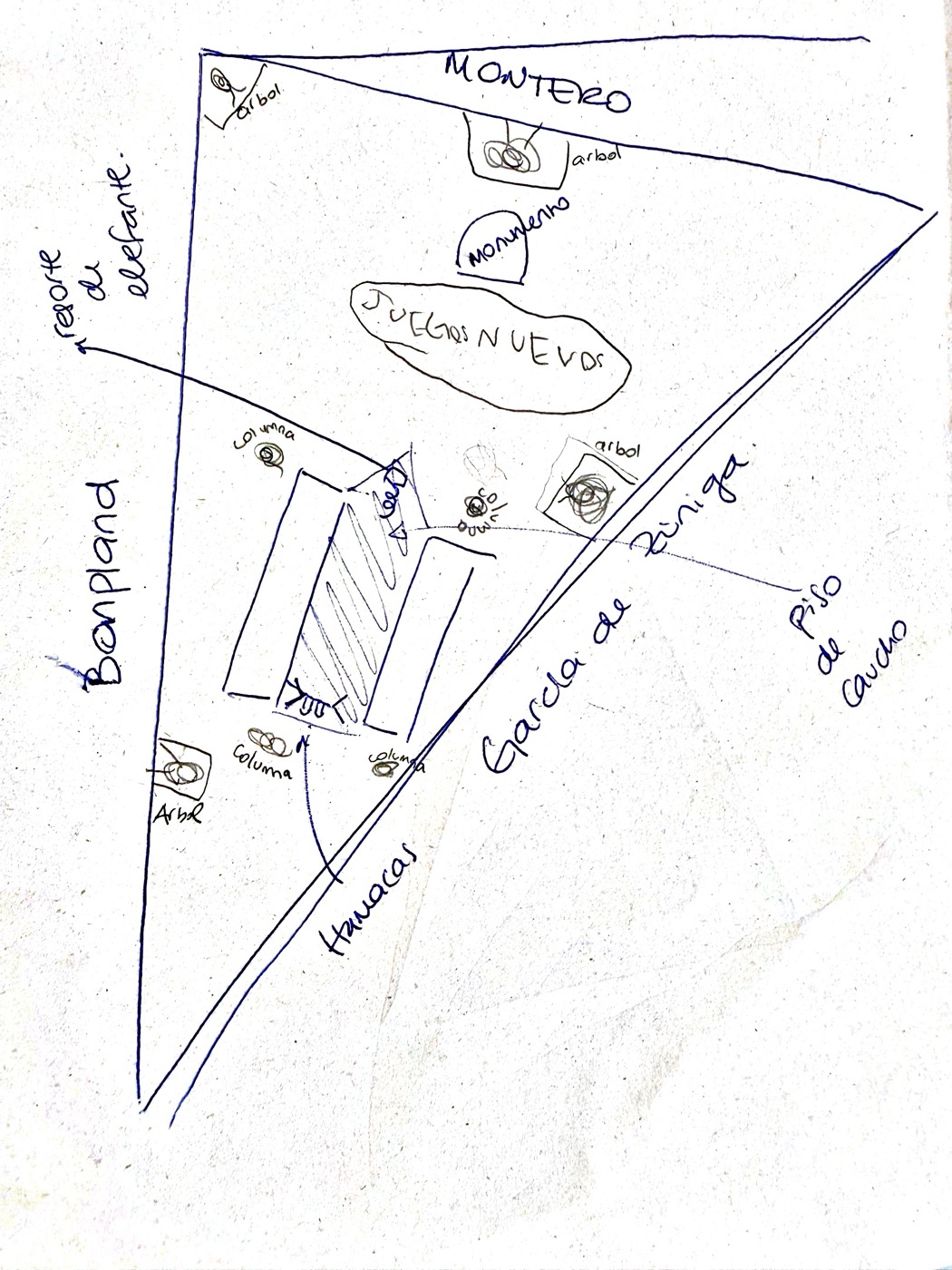 Mapa de la placita dibujado a mano: las calles Montero, Bonpland y García de Zúñiga, los árboles, el monumento, las hamacas y un espacio marcado como juegos nuevos