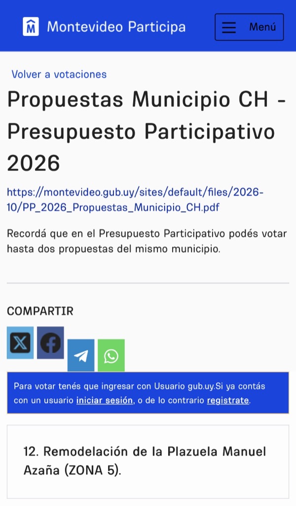 La propuesta 12 en Montevideo Participa, con el aviso para iniciar sesión