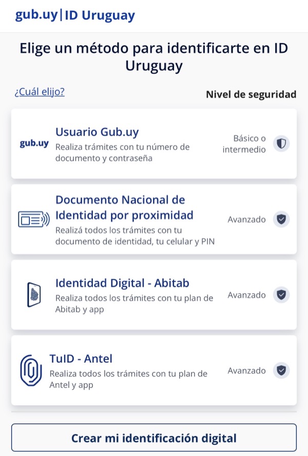 Pantalla de ID Uruguay para elegir cómo identificarse