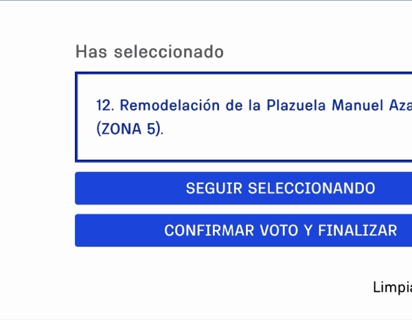 Pantalla con la propuesta 12 seleccionada y el botón Confirmar voto y finalizar